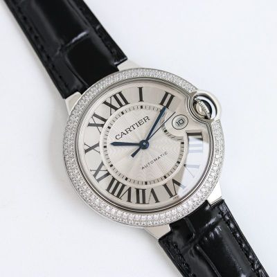 TW Factory Ballon Bleu De Cartier 40mm 2824 Movement White Face Black Leather Strap Diamond Bezel Watch